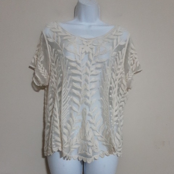 Elegant Cream Lace Top Sheer Women XL/TG Embroidered Beach Cover-up Y2k Fairy - Picture 1 of 5